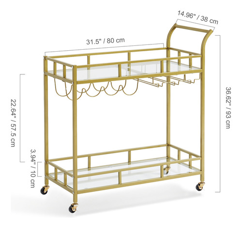 Vevor Carro De Bar 2 Niveles 85,5x38x93 Cm Carro De Servicio