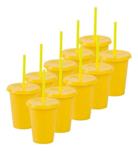 12 Vasos Reusables Tipo Star 12 Oz Con Tapa Plana Amarillo Verano