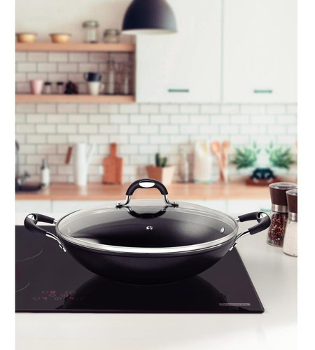 Wok Tramontina Mônaco Induction de aluminio con revestimiento antiadherente negro de 32 cm y 4,5 litros