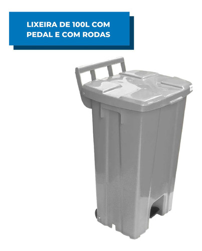 Lixeira 100 Litros Quadrada Cinza Plástico Com Rodas E Pedal