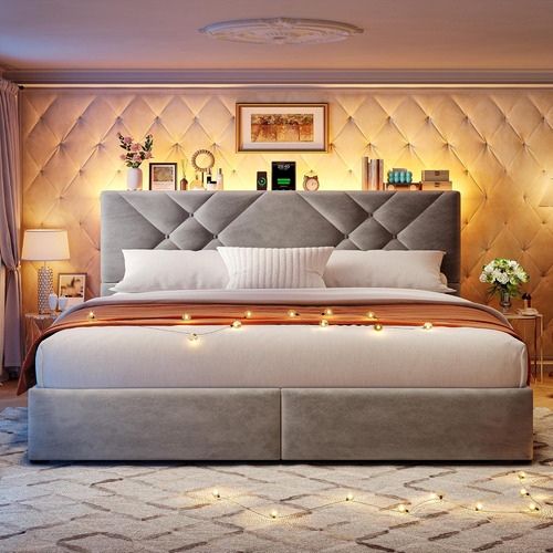 Base De Cama King Size Cajones Luz Led Gris Enhomme