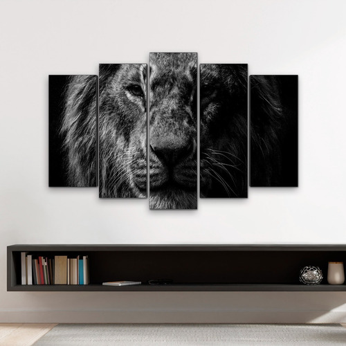 Cuadro Decorativo Moderno Leon Blanco Y Negro Jd 0065 M Quíntuple 85x56 Cm Sin Marco