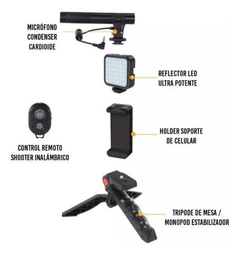 Kit Streaming Para Celular Tripode Luz Led Soporte Microfono Negro