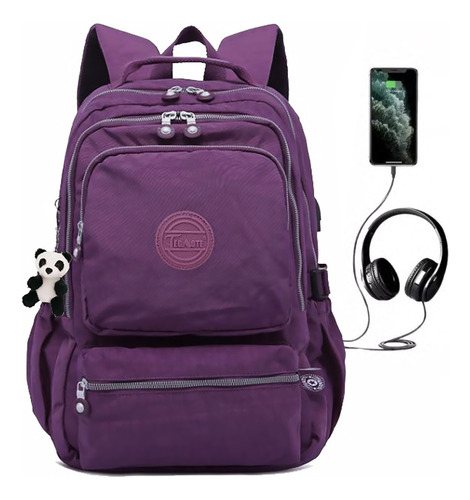 Mochila Executiva Nylon Reforçada Com Usb Para Notebook Cor Violeta