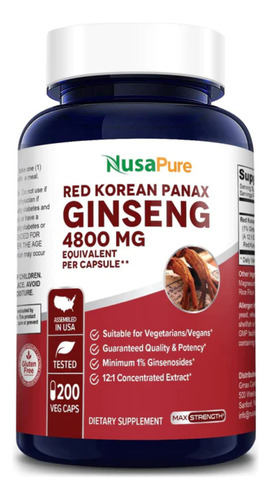 Ginseng Rojo Coreano Panax 4800 Mg 200 Capsulas Memoria