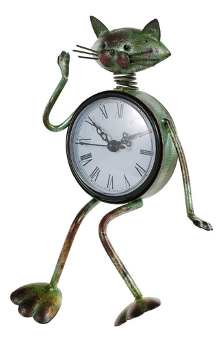 Reloj De Mesa Mudo Hecho A Mano Con Figura De Gato De Metal
