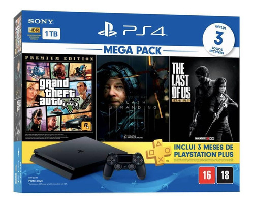 Sony PlayStation 4 Slim 1TB Mega Pack: Grand Theft Auto V Premium Edition/Death Stranding/The Last of Us Remastered  color negro azabache