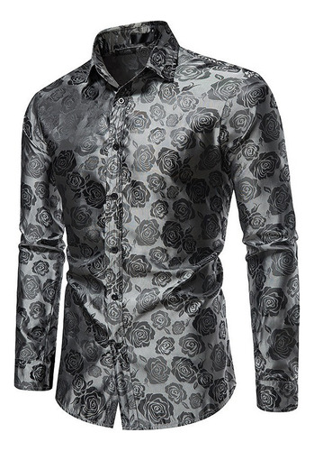 Camisa Hombre Manga Larga Estampado Rosa Botones Formal S Q1