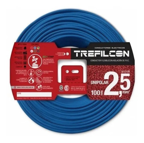 Cable Unipolar 2,5 2.5 Celest Normalizad Trefilcon X 100 Mts