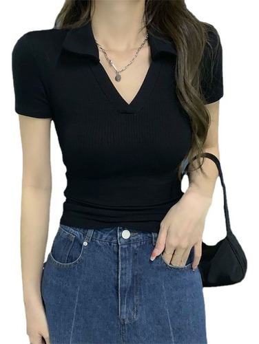 Polo Ajustado Con Cuello En V Para Mujer, Corto Casual De Ve