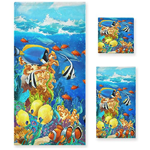 Juego De 3 Toallas Suaves De Lujo Hermosos Peces De Arr...