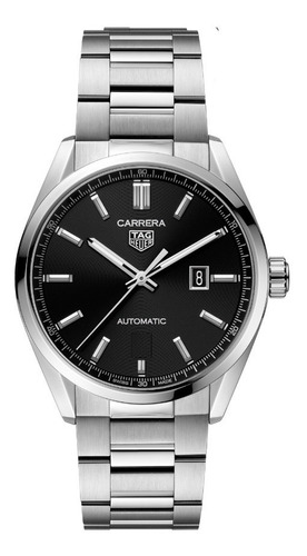Reloj pulsera TAG Heuer Wbn2112.ba0639, para hombre, fondo negro, con correa de acero inoxidable color plateado, bisel color plateado y desplegable