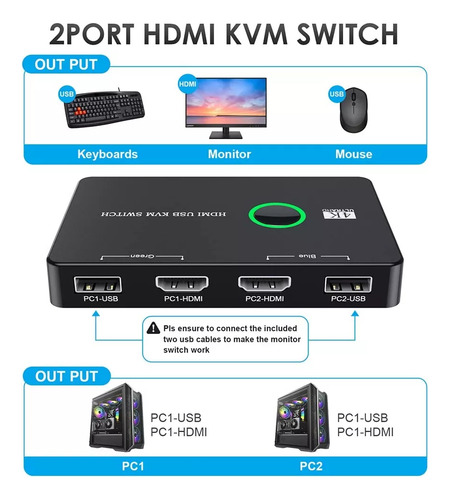 Conmutador Kvm Hdmi Switch 4k 60hz Para 2 Computador Usb2.0