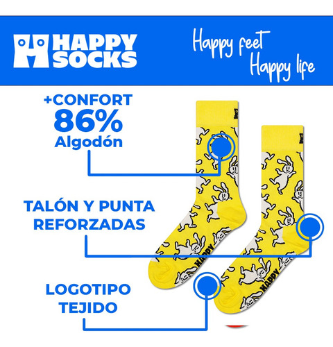 Calcetines Diseño Conejito Happy Socks Originales Reforzados Amarillo Estampado 22.5 - 26.5 Cm