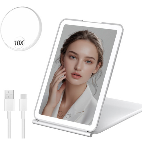 Espelhos Para Maquiagem Led Dobravel E Portátil Com Espelho 10x Carregamento Usb Fonte De Luz De Três Cores Cor Branco