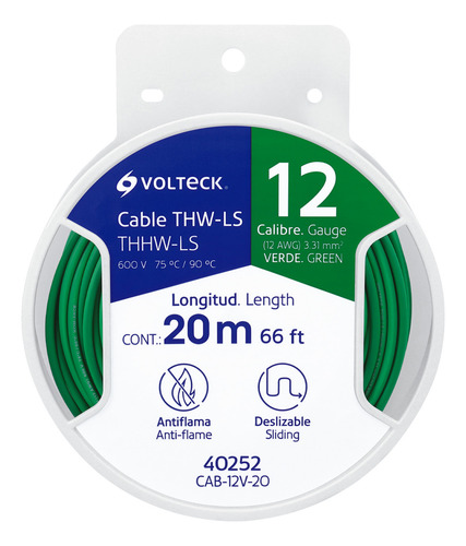 Carrete 20 M De Cable 12 Awg Antiflama Verde Volteck 40252
