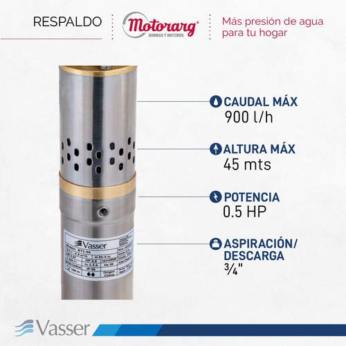 Bomba Sumergible Pozo Vasser De Motorarg 2 Bt2 Cable 0.5 Hp