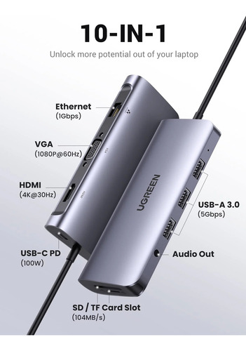Adaptador 10 En 1 Hdmi 4k Vga Usb Red Tf Sd Aux 100w Ugreen