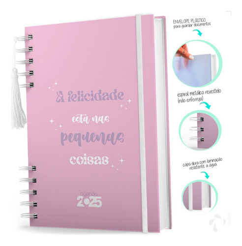 Agenda Coleção Frases Felicidade Cor Rosa Com Capa Dura