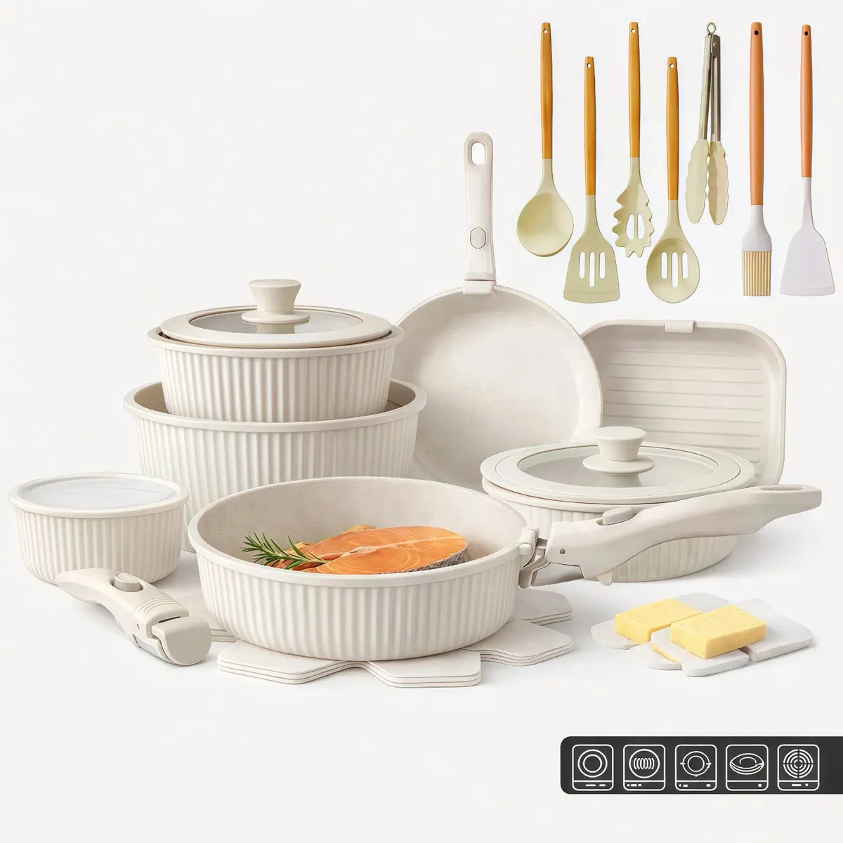 Set de 31 Piezas de Ollas y Sartenes HYsmart con Mangos Desmontables, Antiadherente y Apto para Inducción