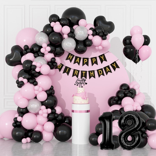 Globos 18 Cumpleaños Negro Y Rosa Decoración Años Mujer