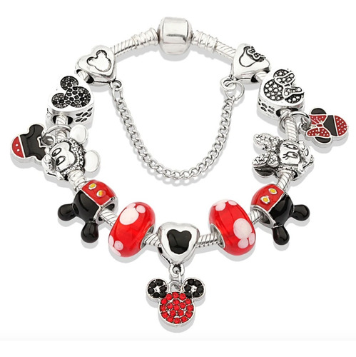 Pulsera Charms Mickey Y Minnie Amor - Cadena De Serpiente 