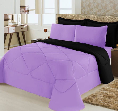 Edredom Casal Queen 6 Peças C/lençol Lilas Preto