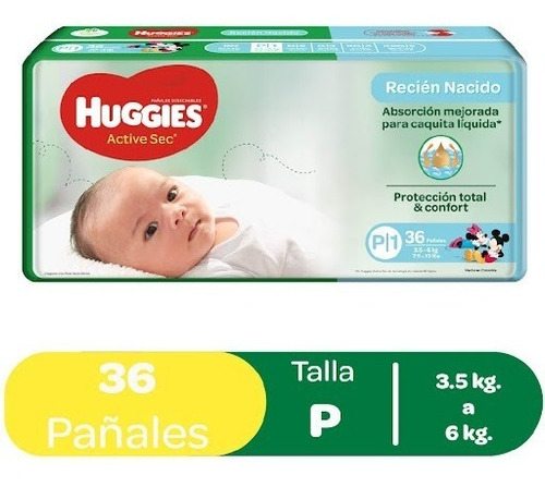 Pañal Huggies Active Sec Talla P X36 Unidades - Bulto 4paq