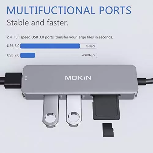 Adaptador HDMI USB C Hub para MacBook Pro 2019/2018/2017, MOKiN 5 en 1  Dongle USB-C a HDMI, lector de tarjetas Sd/TF y 2 puertos USB 3.0