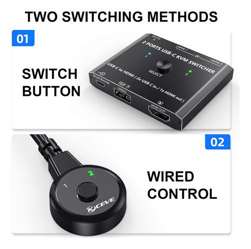 Conmutador Kvm Usb Tipo C 4k 60hz, Conmutador De 2 Puer...