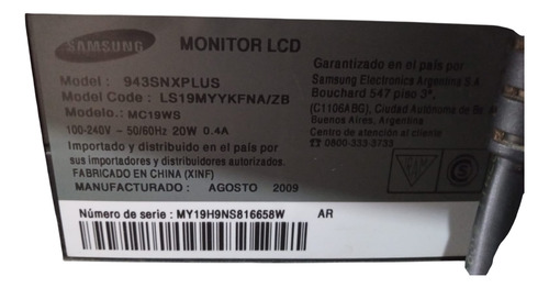 Monitor Lcd Samsung 943snxplus De 18,5 Funcionando Negro (Usado)