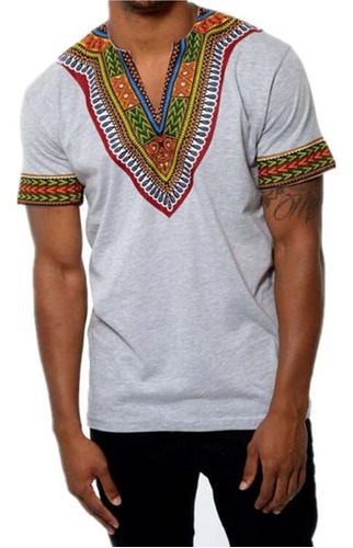 Camiseta Étnica Estampada Cuello En V Y Manga Corta
