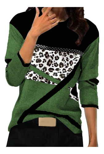 Blusa T Para Mujer Con Estampado De Leopardo, Cuello Redondo