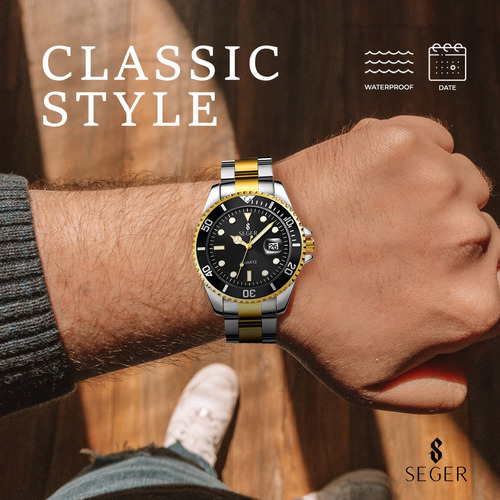 Imagen 3 de 8 de Reloj Mimimalista Elegante Seger 1779 Acero Fecha ! Color De La Malla Plateado/dorado Color Del Bisel Negro