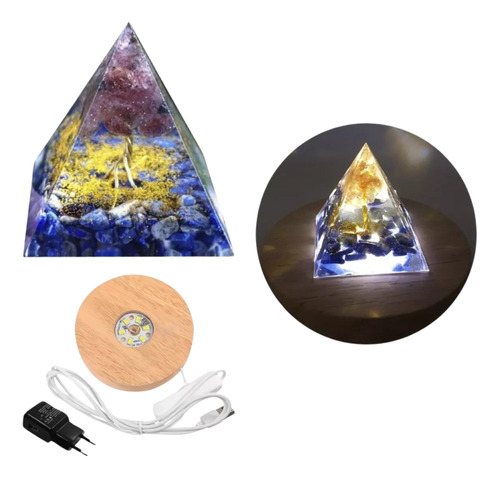 Pirâmide Orgonite Árvore Vida Lápis Lazuli C/ Base De Led