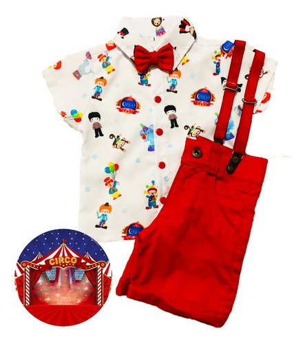 Conjunto Aniversário Circo Menino Camisa Suspensório Gravata