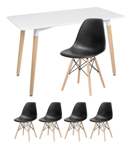 Kit Mesa Jantar Eames Retangular  4 Cadeiras Eiffel Wood Av Cor da tampa Mesa branco com cadeiras preto