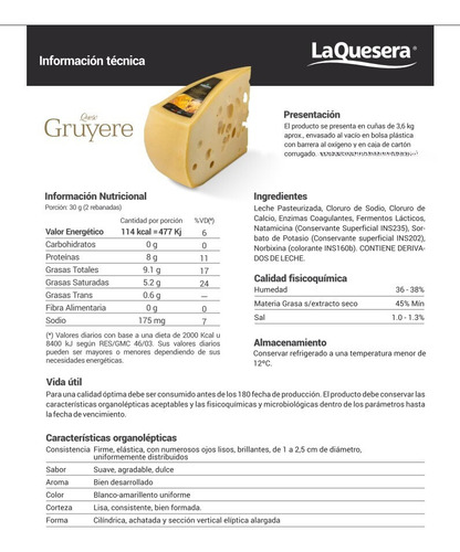 Queso Gruyere La Quesera Cuña X 3 Kg ( Sin Tacc )