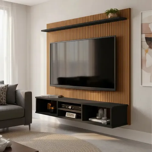 Painel Ripado 3d Preto Para Tv Até 50  Com Nichos E Pratelei Preto (painel Em Tom Amadeirado / Ripado Marrom Claro)