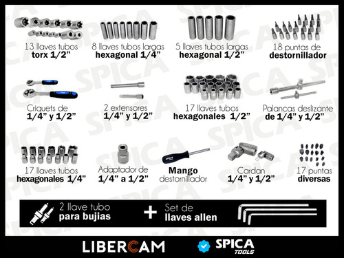 Set Juego Llaves Tubos Puntas Combinadas Spica Kah-00 108 Pz Plateado