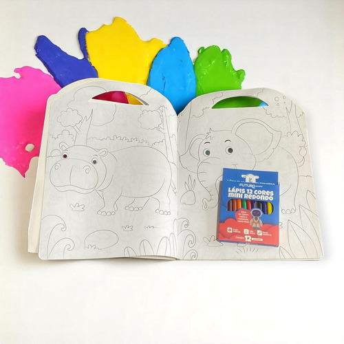 Livro De Colorir Infantil+5 Mini Animais Selva+lápis De Cor