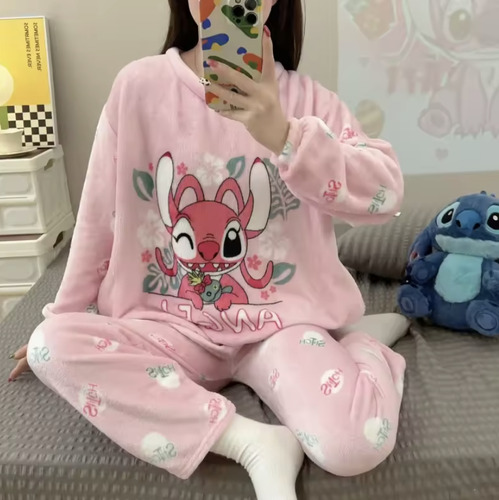 Pijama Stitch 2 Piezas Plush Polar Suave De Otoño Invierno Stitch Rosado Unica