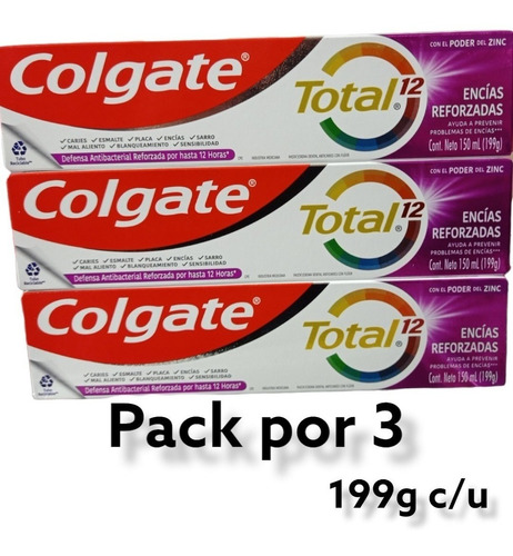 Pack X 3 Pasta Dental Colgate Total 12 Encías Reforzada 199g