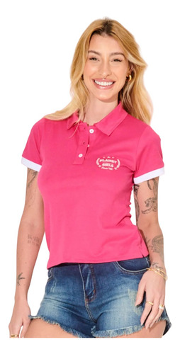 Camiseta Polo Planet Girls Letreiro Paetê Rosa Blusa Fem