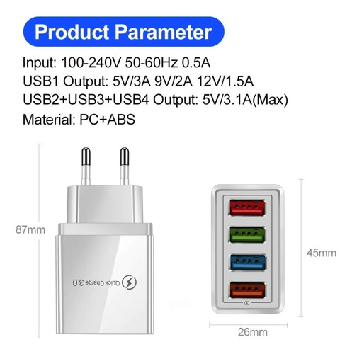 Cargador X4 Múltiple 3.1a Carga Rápida Q3.0 Celular Usb