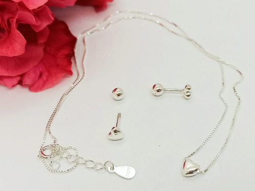 Imagen 3 de 10 de Set Conjunto Aros Seguridad Plata Baño De Oro Cadena Corazon