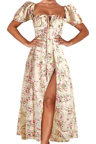 Vestido Francês Com Estampa Primavera Floral Sem Costas