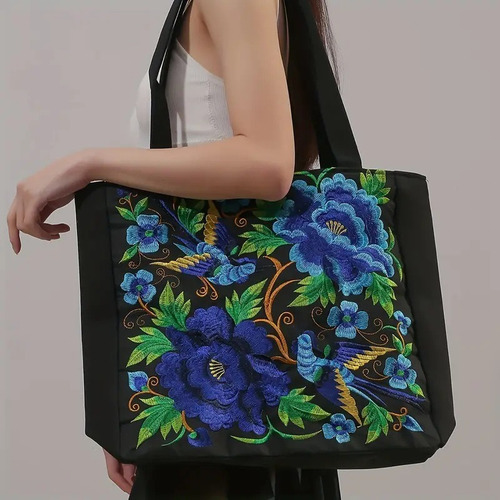 Bolsa Bordada Grande Artesanal Flores Y Pájaros Tres 3*pzas