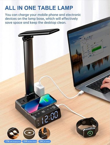 Lampara De Escritorio Led Con Reloj Carga Inalambrica Usb