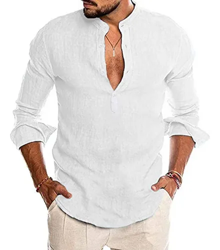 Camisa Cuello Mao Lino Hombre Casual Manga Larga Slim Fit Cuotas